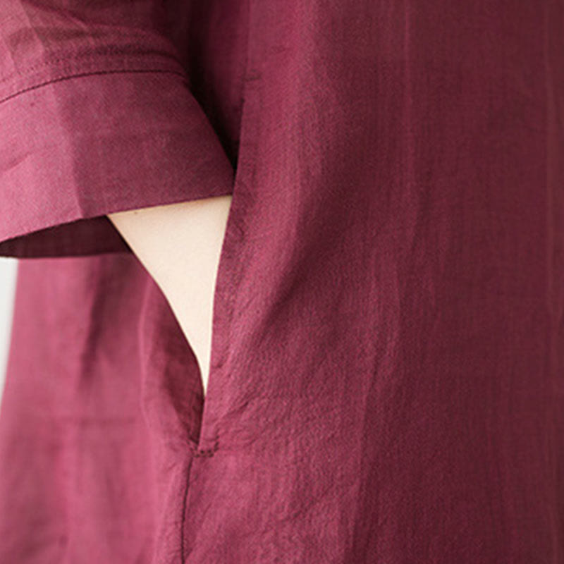 Buddha Stones Casual 2-teiliges Set: Schlichtes Dreiviertelarm-Hemd mit schrägem Kragen, weit geschnittene Hose mit Taschen – ideal für Meditation, Zen und Tai Chi. - image 10