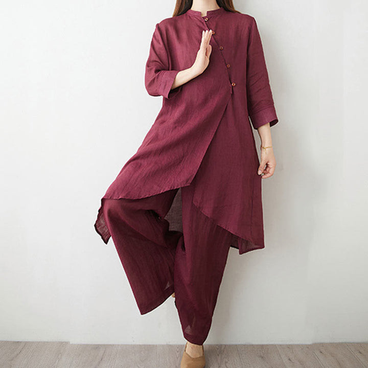 Buddha Stones Casual 2-teiliges Set: Schlichtes Dreiviertelarm-Hemd mit schrägem Kragen, weit geschnittene Hose mit Taschen – ideal für Meditation, Zen und Tai Chi. - image 6