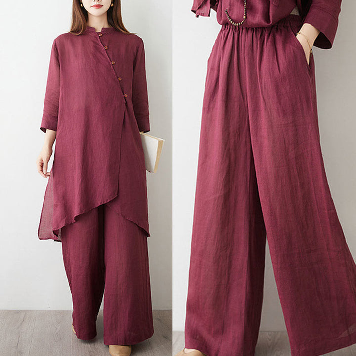 Buddha Stones Casual 2-teiliges Set: Schlichtes Dreiviertelarm-Hemd mit schrägem Kragen, weit geschnittene Hose mit Taschen – ideal für Meditation, Zen und Tai Chi. - image 17