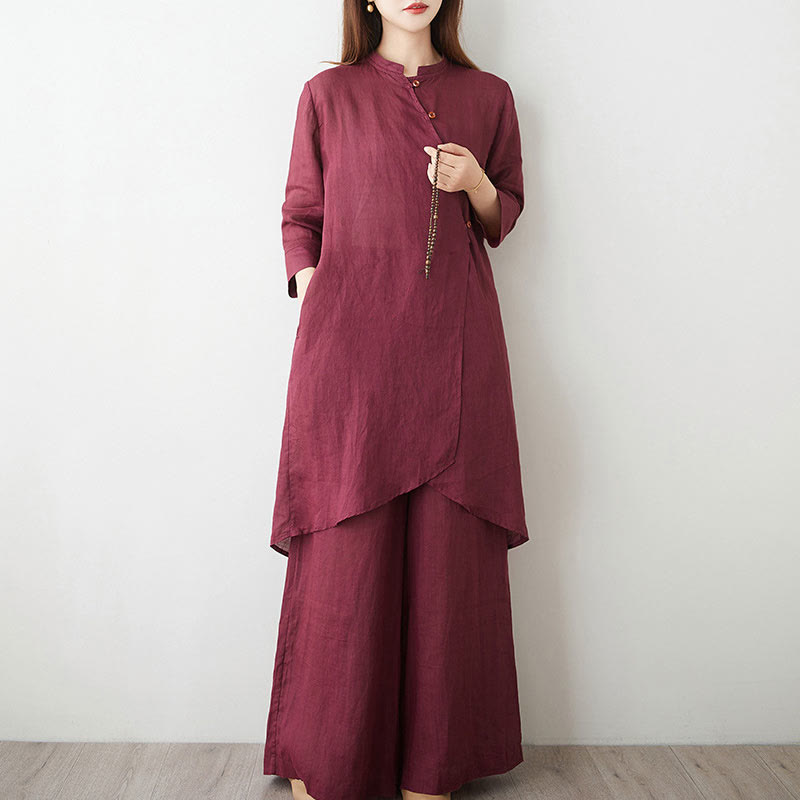 Buddha Stones Casual 2-teiliges Set: Schlichtes Dreiviertelarm-Hemd mit schrägem Kragen, weit geschnittene Hose mit Taschen – ideal für Meditation, Zen und Tai Chi. - image 3