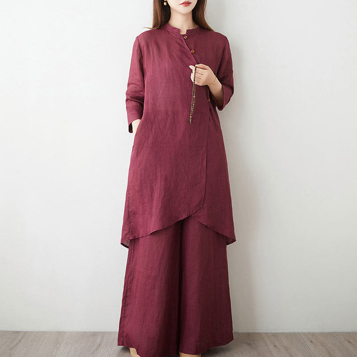 Buddha Stones Casual 2-teiliges Set: Schlichtes Dreiviertelarm-Hemd mit schrägem Kragen, weit geschnittene Hose mit Taschen – ideal für Meditation, Zen und Tai Chi. - image 3