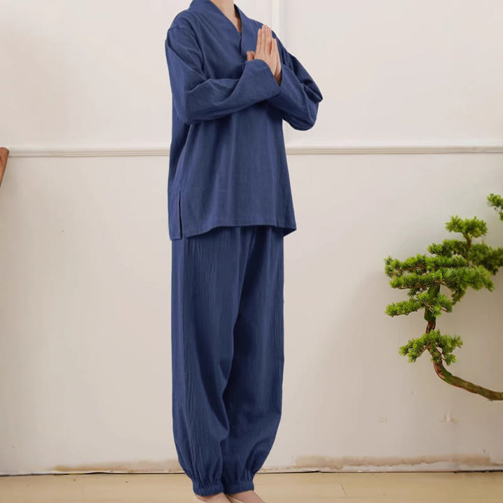 Buddha Stones Casual 2-teilig Einfarbig Langarm Knitterdesign Hemd Top Rock Mit Taschen Meditation Zen Tai Chi Kleidung Damen Set