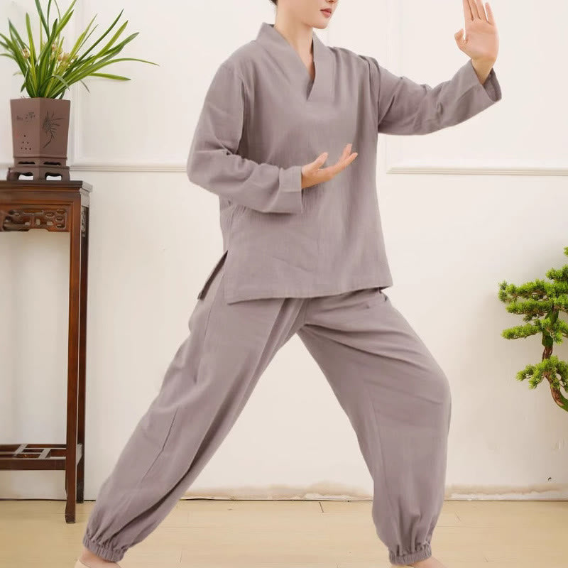 Buddha Stones Casual 2-teilig Einfarbig Langarm Knitterdesign Hemd Top Rock Mit Taschen Meditation Zen Tai Chi Kleidung Damen Set