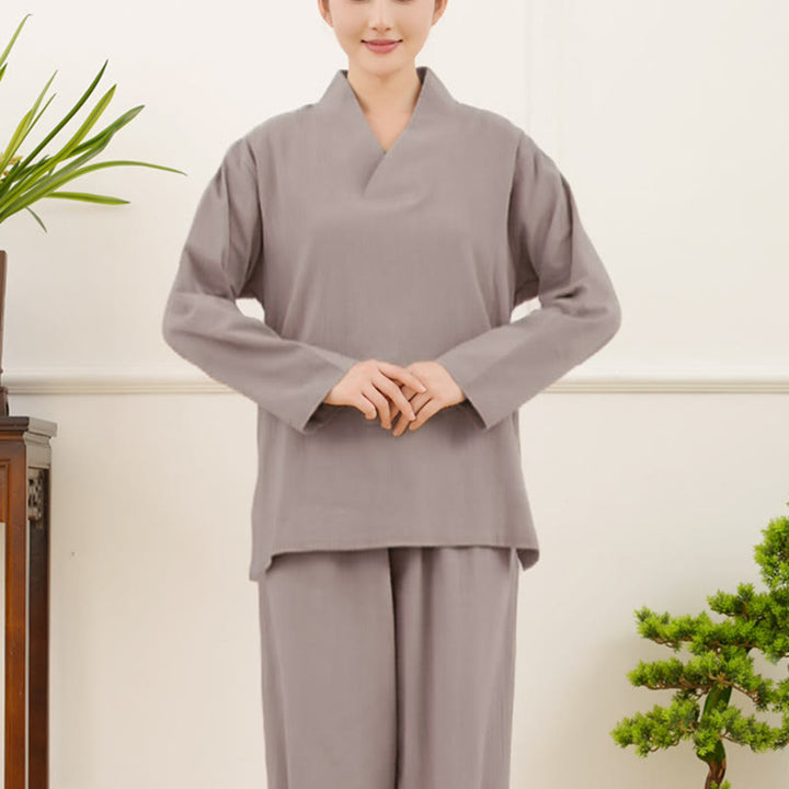 Buddha Stones Casual 2-teilig Einfarbig Langarm Knitterdesign Hemd Top Rock Mit Taschen Meditation Zen Tai Chi Kleidung Damen Set