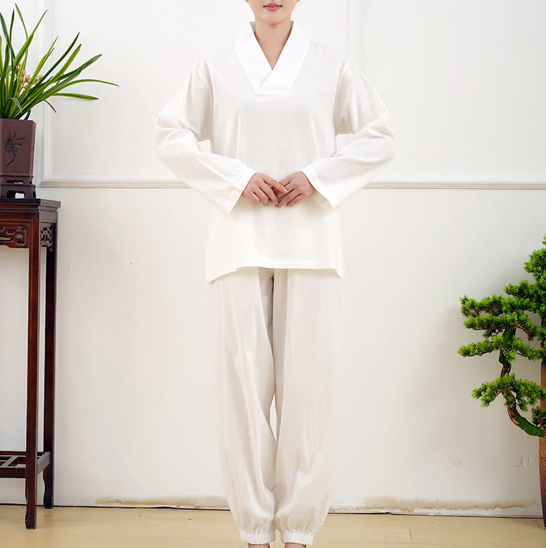 Buddha Stones Casual 2-teilig Einfarbig Langarm Knitterdesign Hemd Top Rock Mit Taschen Meditation Zen Tai Chi Kleidung Damen Set