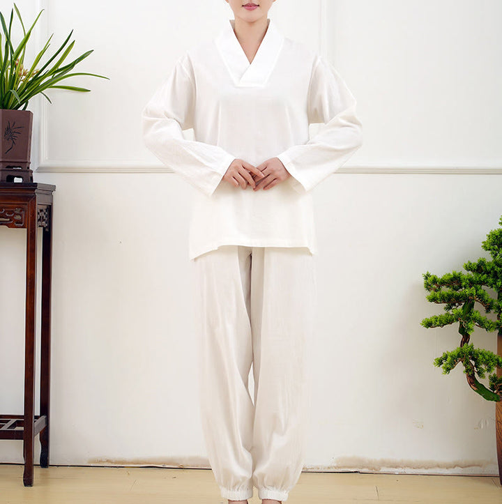 Buddha Stones Casual 2-teilig Einfarbig Langarm Knitterdesign Hemd Top Rock Mit Taschen Meditation Zen Tai Chi Kleidung Damen Set