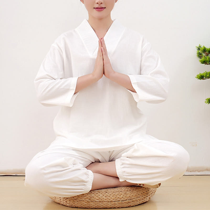 Buddha Stones Casual 2-teilig Einfarbig Langarm Knitterdesign Hemd Top Rock Mit Taschen Meditation Zen Tai Chi Kleidung Damen Set