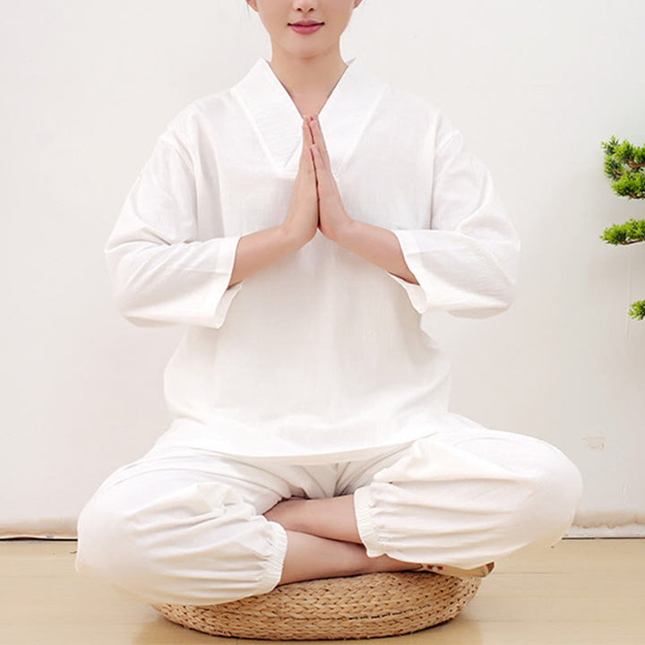 Buddha Stones Casual 2-teilig Einfarbig Langarm Knitterdesign Hemd Top Rock Mit Taschen Meditation Zen Tai Chi Kleidung Damen Set