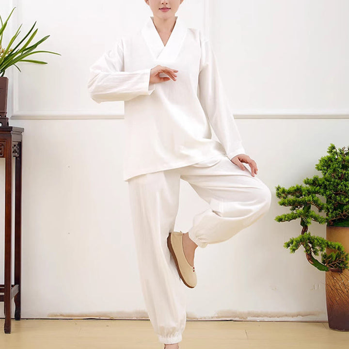 Buddha Stones Casual 2-teilig Einfarbig Langarm Knitterdesign Hemd Top Rock Mit Taschen Meditation Zen Tai Chi Kleidung Damen Set