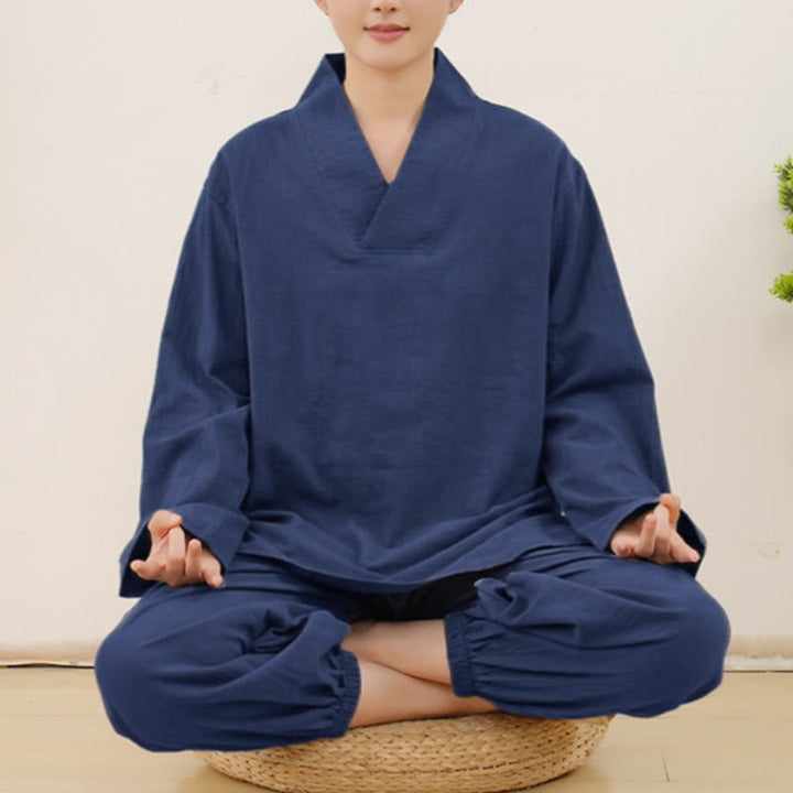 Buddha Stones Casual 2-teilig Einfarbig Langarm Knitterdesign Hemd Top Rock Mit Taschen Meditation Zen Tai Chi Kleidung Damen Set
