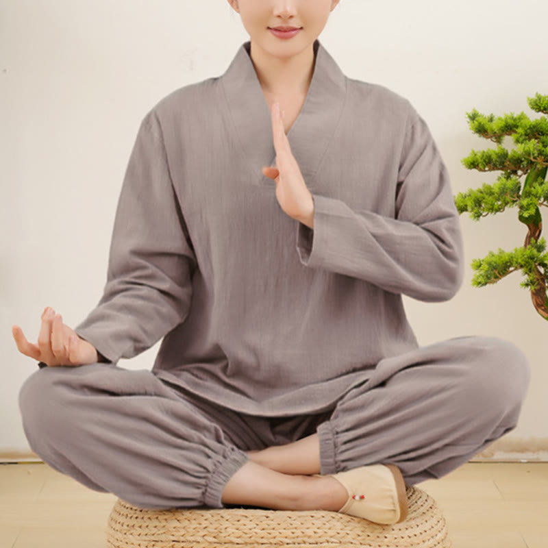 Buddha Stones Casual 2-teilig Einfarbig Langarm Knitterdesign Hemd Top Rock Mit Taschen Meditation Zen Tai Chi Kleidung Damen Set