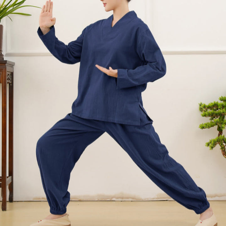 Buddha Stones Casual 2-teilig Einfarbig Langarm Knitterdesign Hemd Top Rock Mit Taschen Meditation Zen Tai Chi Kleidung Damen Set