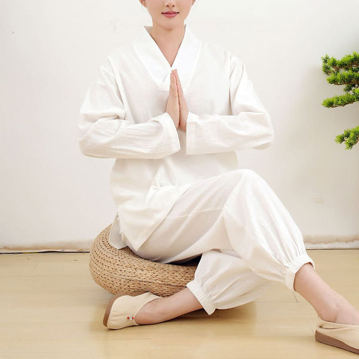 Buddha Stones Casual 2-teilig Einfarbig Langarm Knitterdesign Hemd Top Rock Mit Taschen Meditation Zen Tai Chi Kleidung Damen Set