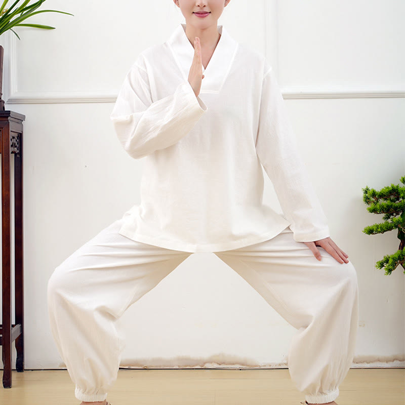 Buddha Stones Casual 2-teilig Einfarbig Langarm Knitterdesign Hemd Top Rock Mit Taschen Meditation Zen Tai Chi Kleidung Damen Set