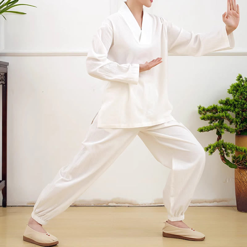 Buddha Stones Casual 2-teilig Einfarbig Langarm Knitterdesign Hemd Top Rock Mit Taschen Meditation Zen Tai Chi Kleidung Damen Set