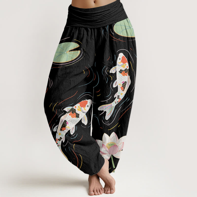 Buddha Stones, Lotusblüte, Lotusblätter, Koi-Fische, Wasserwellen-Muster, Haremshose für Damen mit elastischer Taille - Schwarz - US22， UK/AU26，EU54 (6XL) - image 1