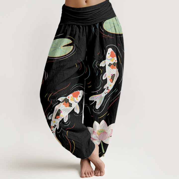 Buddha Stones, Lotusblüte, Lotusblätter, Koi-Fische, Wasserwellen-Muster, Haremshose für Damen mit elastischer Taille - Schwarz - US22， UK/AU26，EU54 (6XL) - image 1