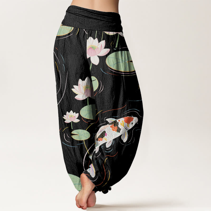 Buddha Stones, Lotusblüte, Lotusblätter, Koi-Fische, Wasserwellen-Muster, Haremshose für Damen mit elastischer Taille - image 2
