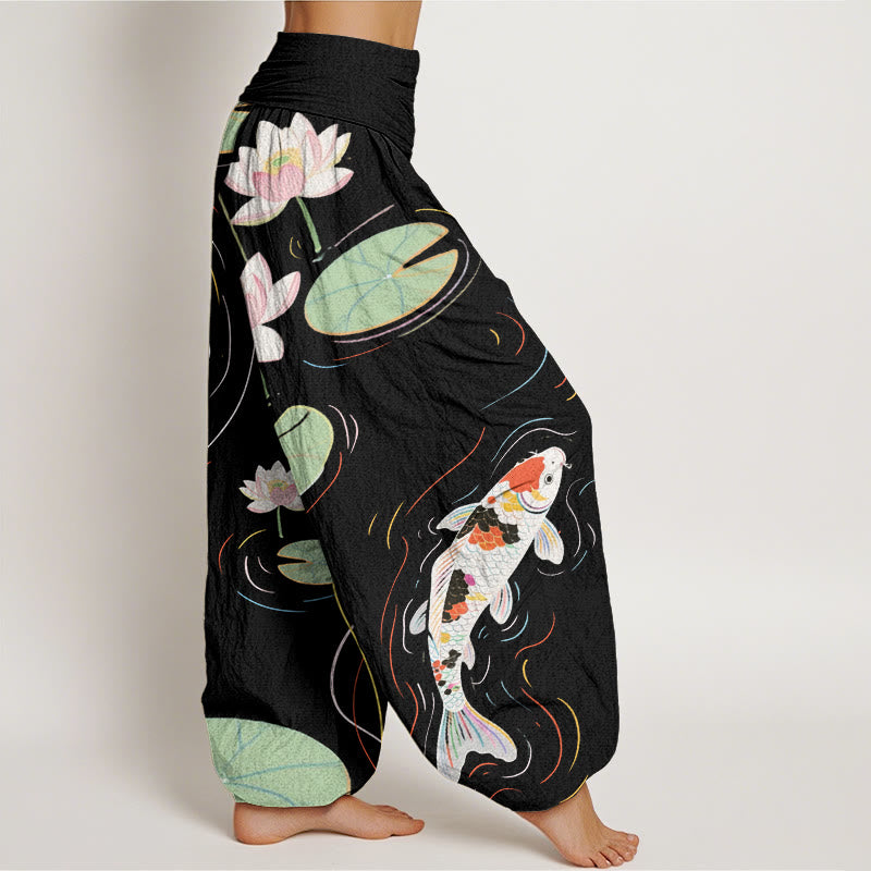 Buddha Stones, Lotusblüte, Lotusblätter, Koi-Fische, Wasserwellen-Muster, Haremshose für Damen mit elastischer Taille - image 3