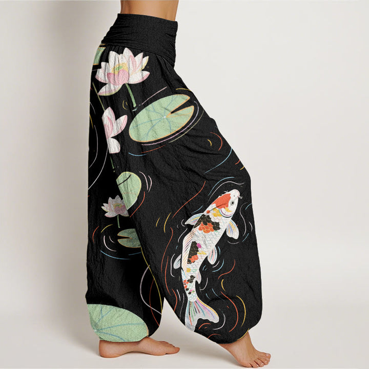 Buddha Stones, Lotusblüte, Lotusblätter, Koi-Fische, Wasserwellen-Muster, Haremshose für Damen mit elastischer Taille - image 3
