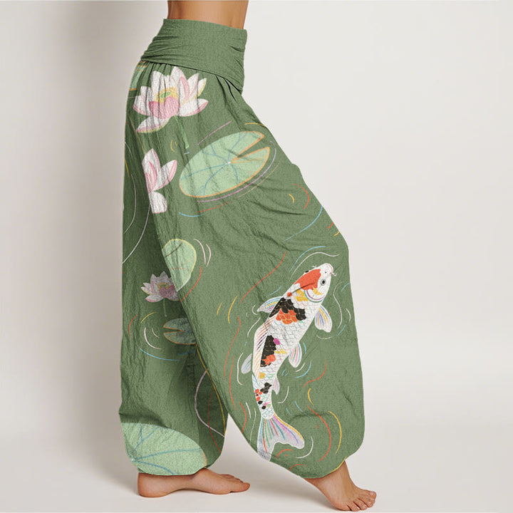 Buddha Stones, Lotusblüte, Lotusblätter, Koi-Fische, Wasserwellen-Muster, Haremshose für Damen mit elastischer Taille - image 7