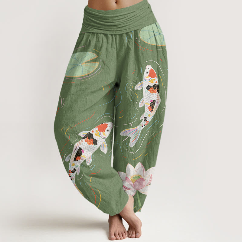 Buddha Stones, Lotusblüte, Lotusblätter, Koi-Fische, Wasserwellen-Muster, Haremshose für Damen mit elastischer Taille - MittelMeergrün - US22， UK/AU26，EU54 (6XL) - image 5