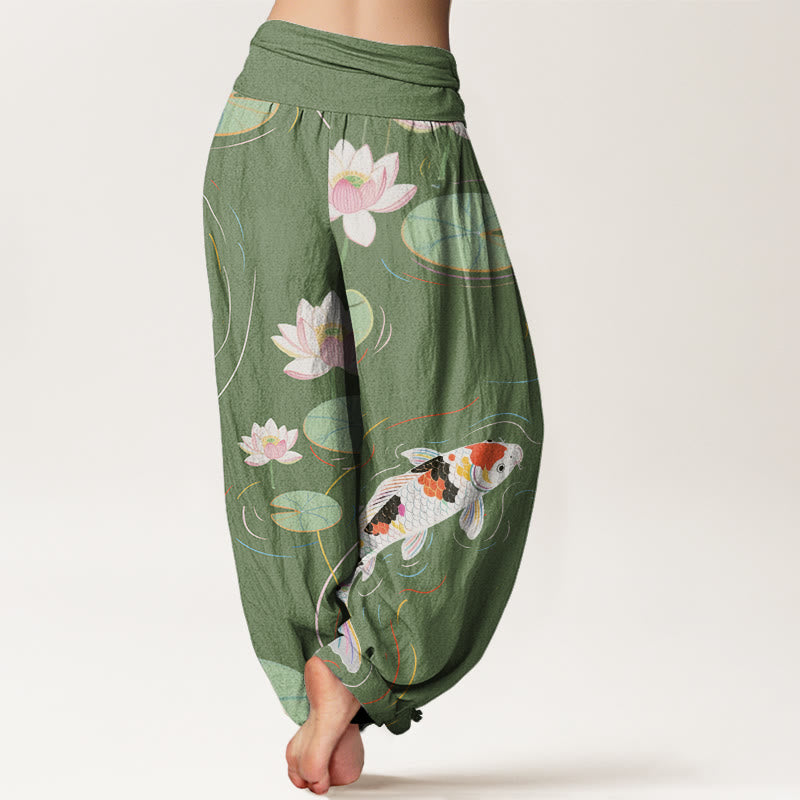 Buddha Stones, Lotusblüte, Lotusblätter, Koi-Fische, Wasserwellen-Muster, Haremshose für Damen mit elastischer Taille - image 6