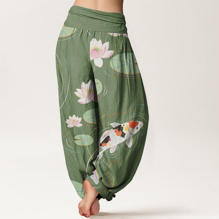 Buddha Stones, Lotusblüte, Lotusblätter, Koi-Fische, Wasserwellen-Muster, Haremshose für Damen mit elastischer Taille - image 6