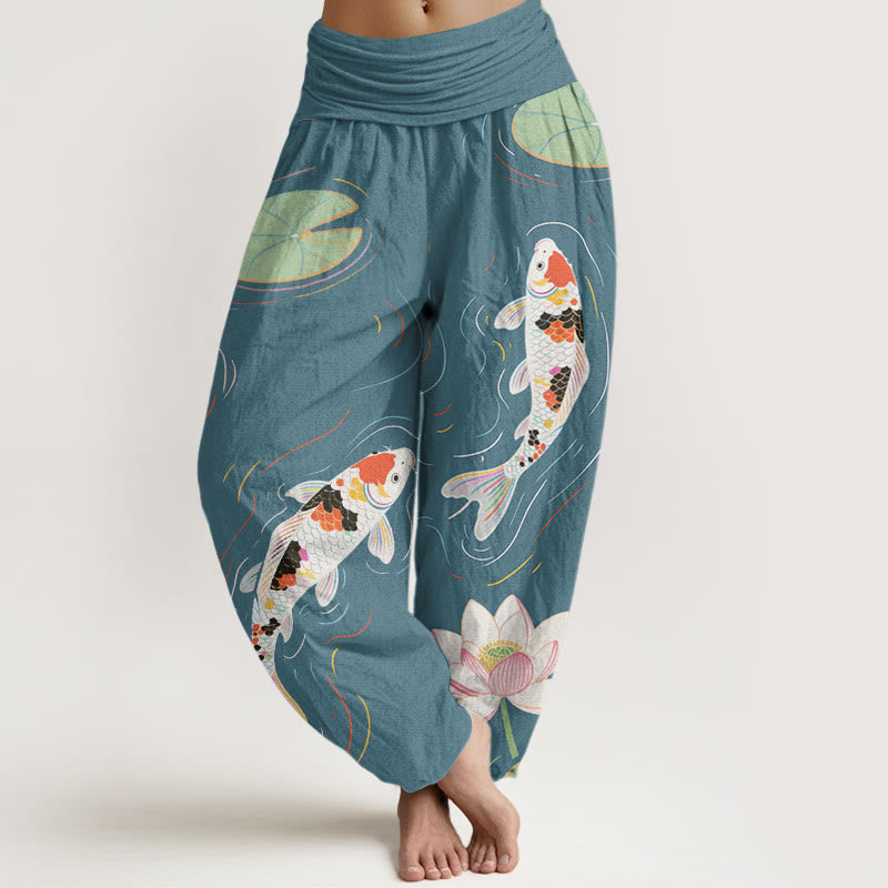 Buddha Stones, Lotusblüte, Lotusblätter, Koi-Fische, Wasserwellen-Muster, Haremshose für Damen mit elastischer Taille - HellMeerGrün - US22， UK/AU26，EU54 (6XL) - image 8
