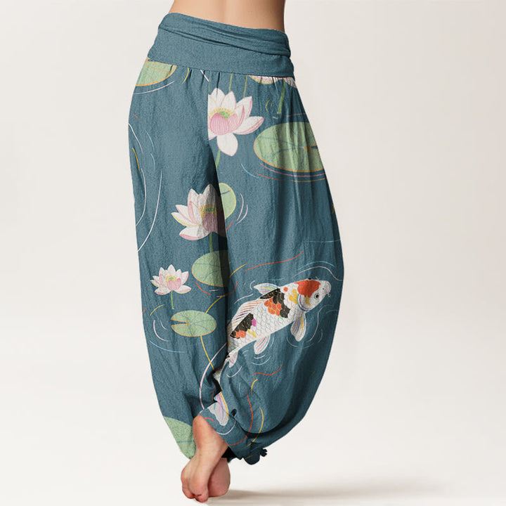 Buddha Stones, Lotusblüte, Lotusblätter, Koi-Fische, Wasserwellen-Muster, Haremshose für Damen mit elastischer Taille - image 9