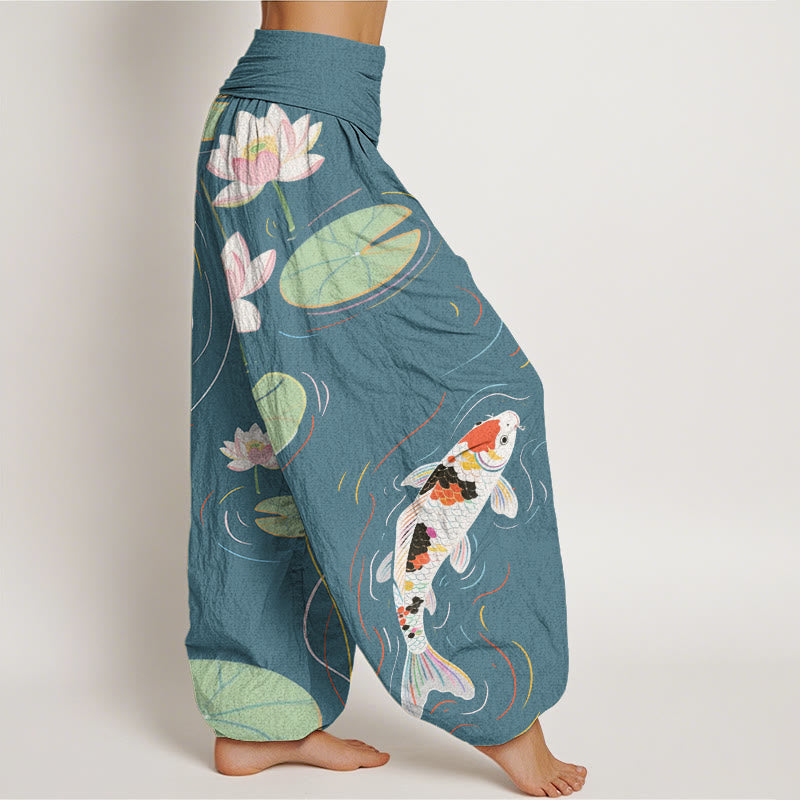 Buddha Stones, Lotusblüte, Lotusblätter, Koi-Fische, Wasserwellen-Muster, Haremshose für Damen mit elastischer Taille - image 10