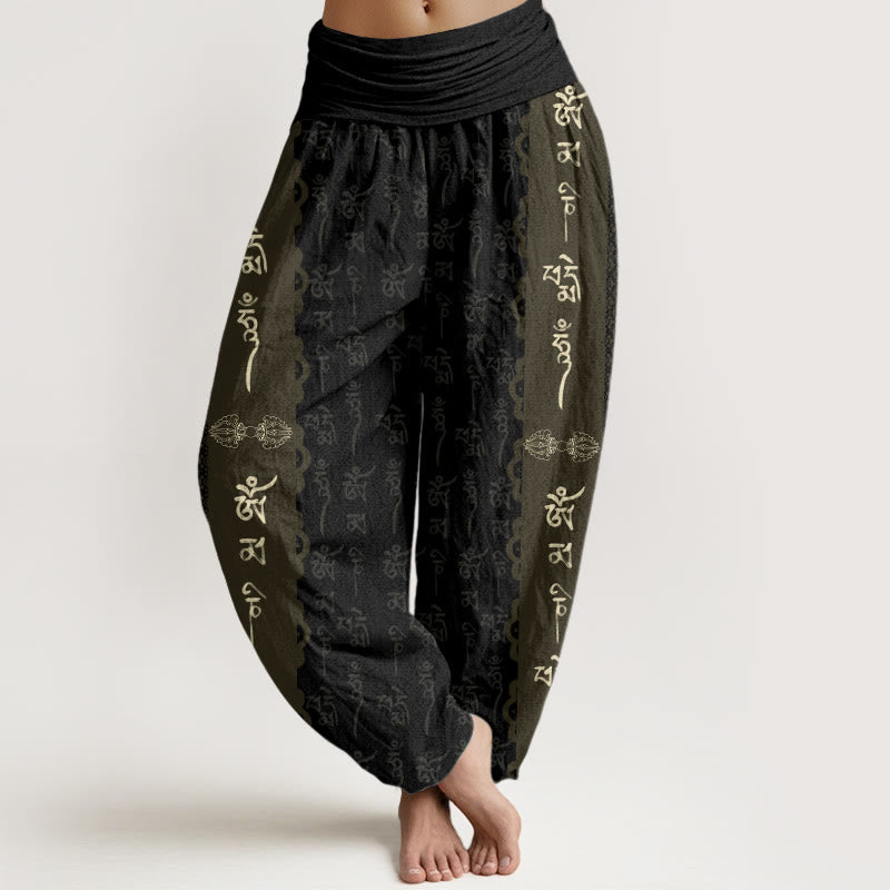 Haremshose für Damen mit elastischer Taille und Buddha Stones , Om Mani Padme Hum-Muster - Schwarz - US22， UK/AU26，EU54 (6XL) - image 1