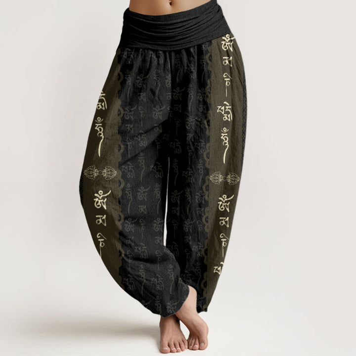 Haremshose für Damen mit elastischer Taille und Buddha Stones , Om Mani Padme Hum-Muster - Schwarz - US22， UK/AU26，EU54 (6XL) - image 1