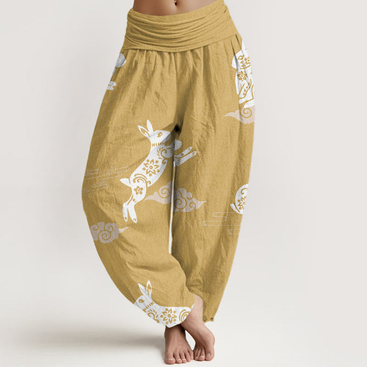 Buddha Stones Weißes Kaninchen Glückverheißendes Wolkenmuster Damen Haremshose mit elastischer Taille - Khaki - US22， UK/AU26，EU54 (6XL) - image 5