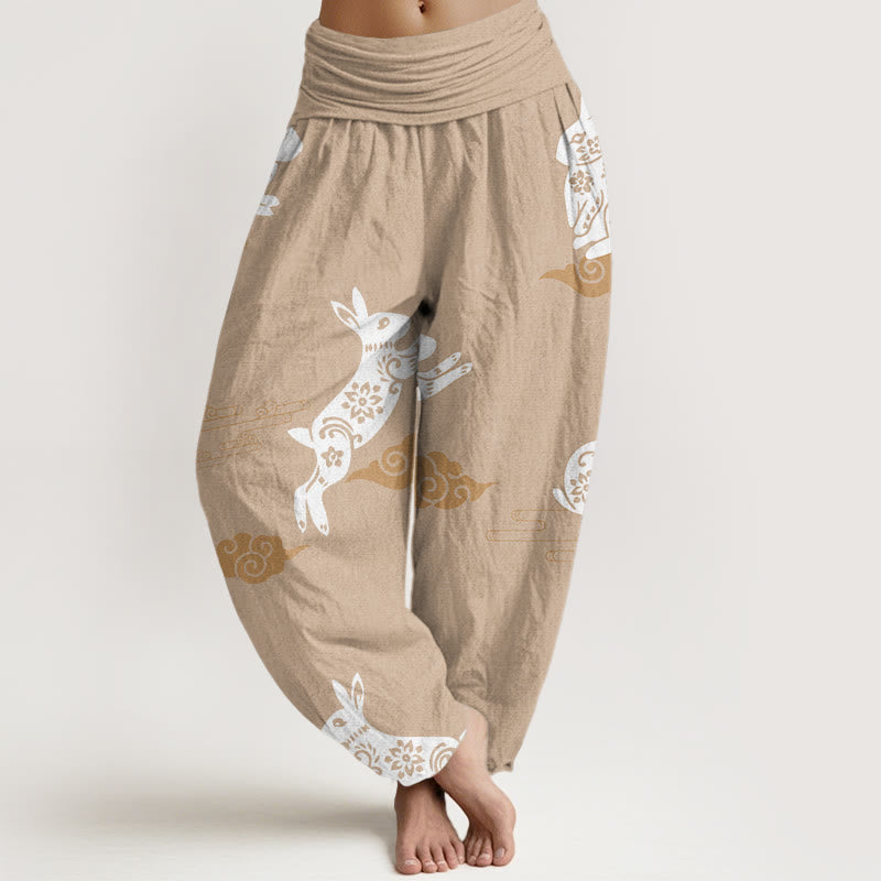 Buddha Stones Weißes Kaninchen Glückverheißendes Wolkenmuster Damen Haremshose mit elastischer Taille - BurlyWood - US22， UK/AU26，EU54 (6XL) - image 8