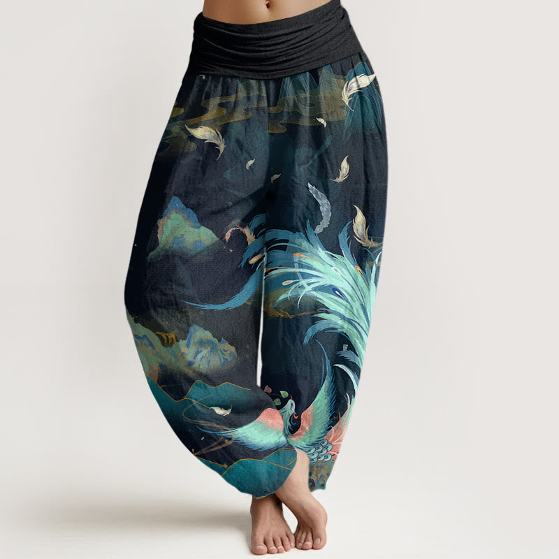 Damen-Haremshose aus Baumwolle mit Buddha Stones , Phönix- und Wolkenmuster sowie elastischem Bund - Dunkelcyan - US22, UK/AU26, EU54 (6XL) - image 0
