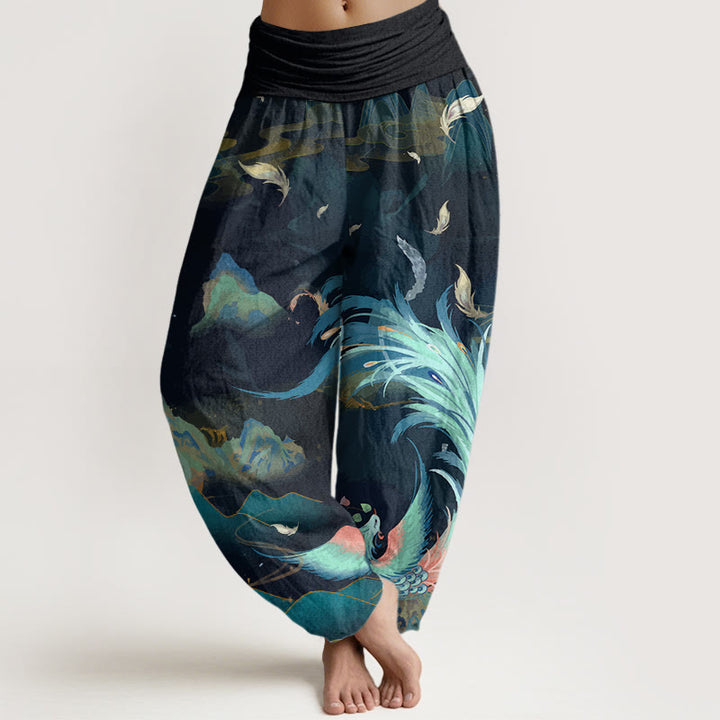 Damen-Haremshose aus Baumwolle mit Buddha Stones , Phönix- und Wolkenmuster sowie elastischem Bund - Dunkelcyan - US22, UK/AU26, EU54 (6XL) - image 0