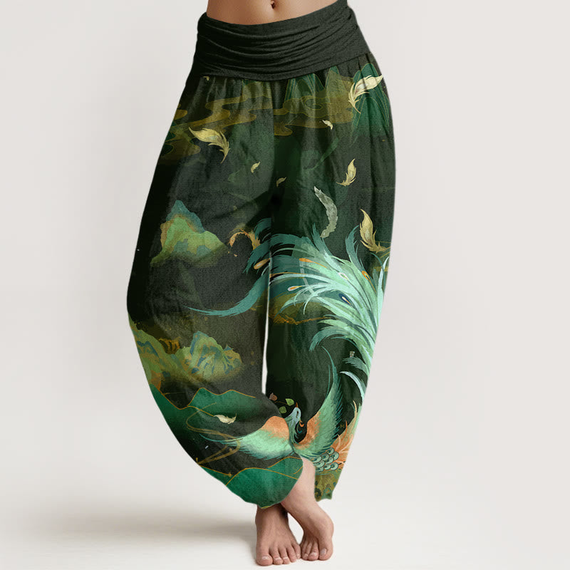 Damen-Haremshose aus Baumwolle mit Buddha Stones , Phönix- und Wolkenmuster sowie elastischem Bund - Olivgrün - US22, UK/AU26, EU54 (6XL) - image 4