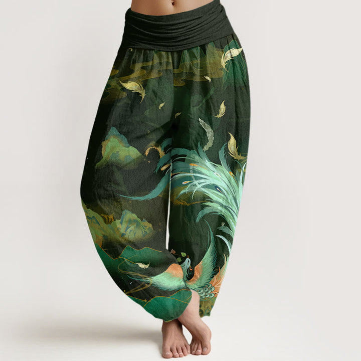 Damen-Haremshose aus Baumwolle mit Buddha Stones , Phönix- und Wolkenmuster sowie elastischem Bund - Olivgrün - US22, UK/AU26, EU54 (6XL) - image 4