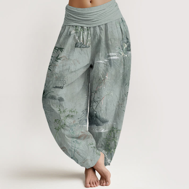 Buddha Stones Reine Baumwolle Lässige Bambus Rock Tinte Malerei Damen Elastische Taille Haremshose - DunkelMeergrün - US22， UK/AU26，EU54 (6XL) - image 10