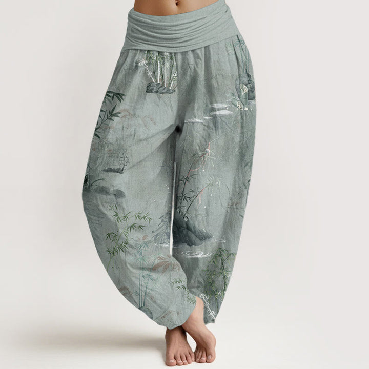 Buddha Stones Reine Baumwolle Lässige Bambus Rock Tinte Malerei Damen Elastische Taille Haremshose - DunkelMeergrün - US22， UK/AU26，EU54 (6XL) - image 10
