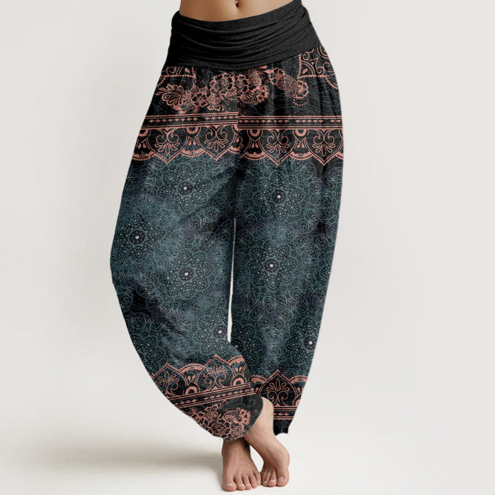 Buddha Stones Damen-Haremshose aus reiner Baumwolle mit elegantem Mandala-Blumen-Design und elastischer Taille