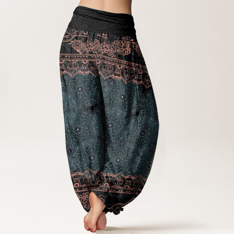 Buddha Stones Damen-Haremshose aus reiner Baumwolle mit elegantem Mandala-Blumen-Design und elastischer Taille
