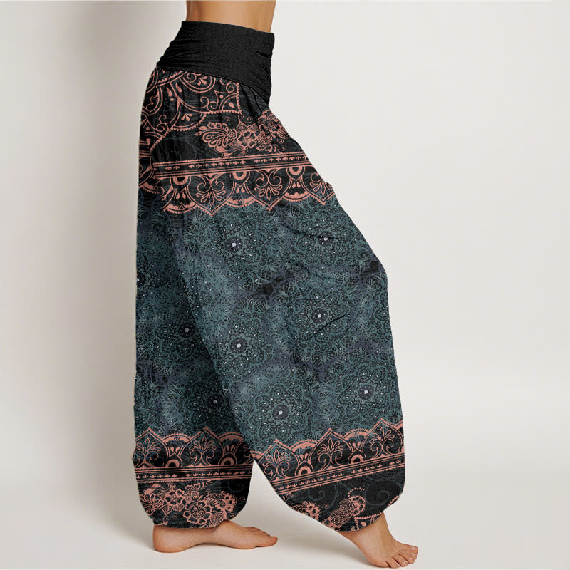 Buddha Stones Damen-Haremshose aus reiner Baumwolle mit elegantem Mandala-Blumen-Design und elastischer Taille
