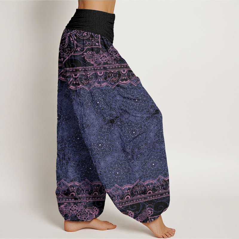 Buddha Stones Damen-Haremshose aus reiner Baumwolle mit elegantem Mandala-Blumen-Design und elastischer Taille