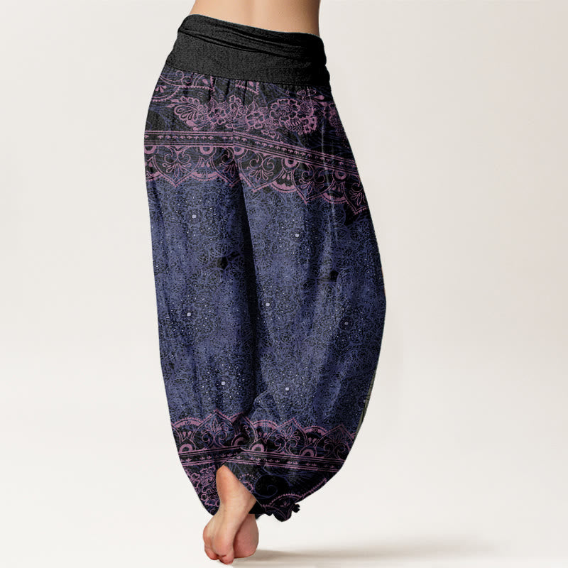 Buddha Stones Damen-Haremshose aus reiner Baumwolle mit elegantem Mandala-Blumen-Design und elastischer Taille