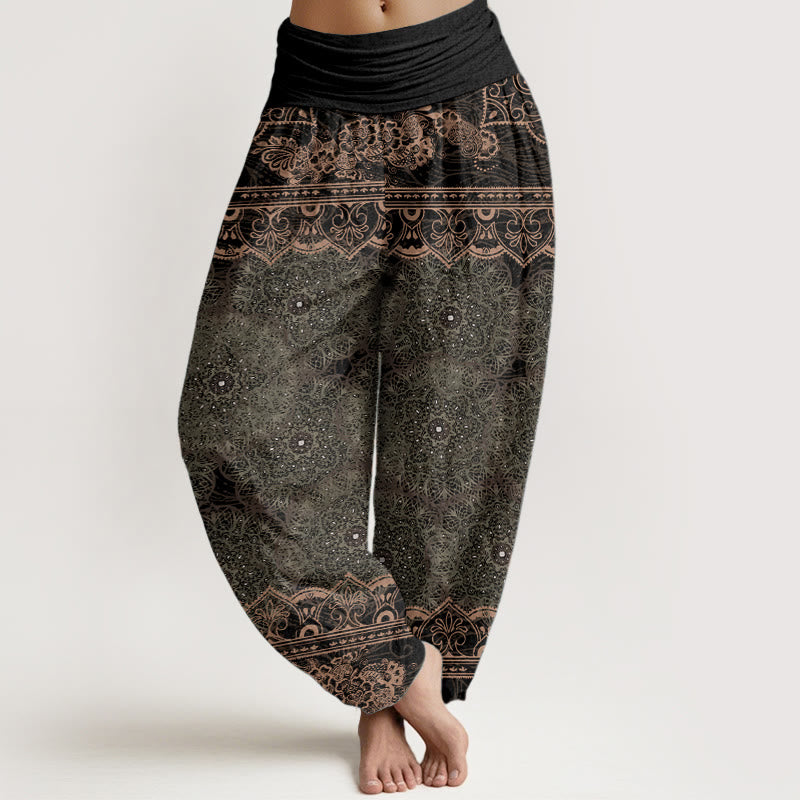 Buddha Stones Damen-Haremshose aus reiner Baumwolle mit elegantem Mandala-Blumen-Design und elastischer Taille