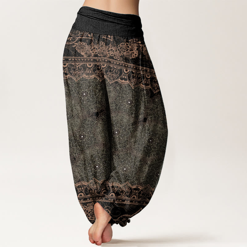 Buddha Stones Damen-Haremshose aus reiner Baumwolle mit elegantem Mandala-Blumen-Design und elastischer Taille