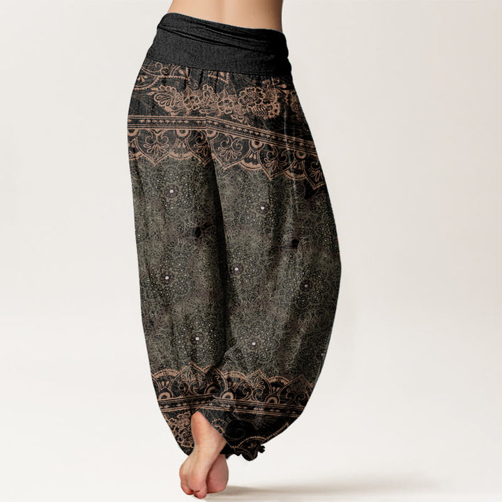 Buddha Stones Damen-Haremshose aus reiner Baumwolle mit elegantem Mandala-Blumen-Design und elastischer Taille
