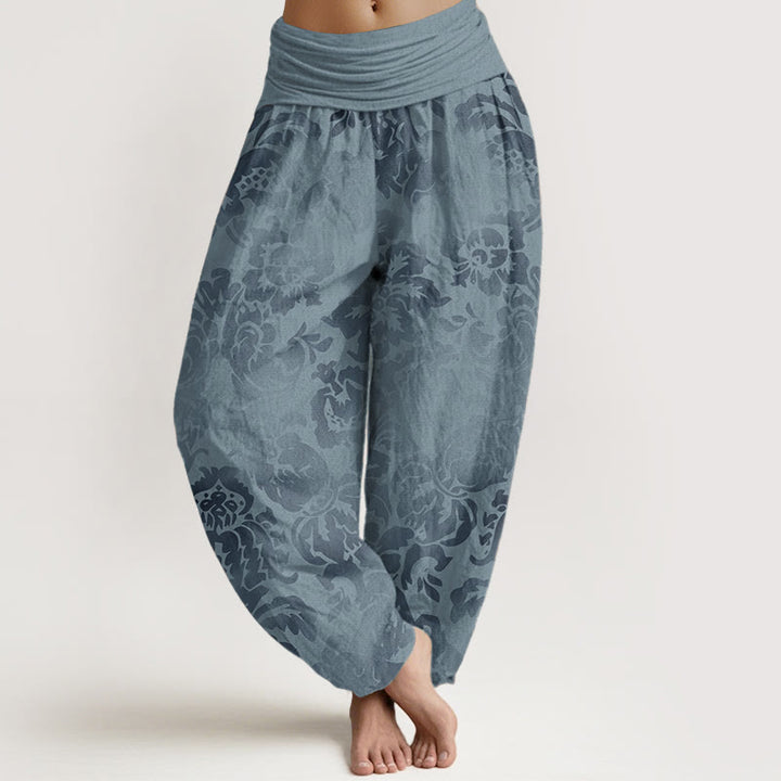 Buddha Stones Damen-Haremshose aus reiner Baumwolle mit Blumen- und Blätter-Design und elastischer Taille